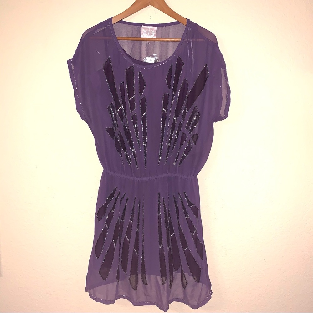 Romeo & Juliet Couture Puple Beaded Sheer Dress - Picture 4 of 14